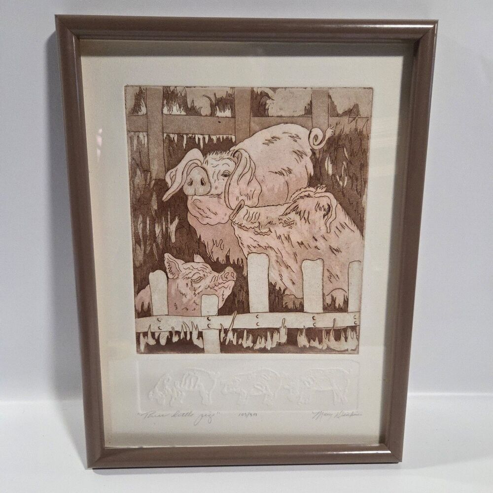 Mary Dinkins Three Little Pigs Signed Embossed Intaglio Print Fort Worth TX